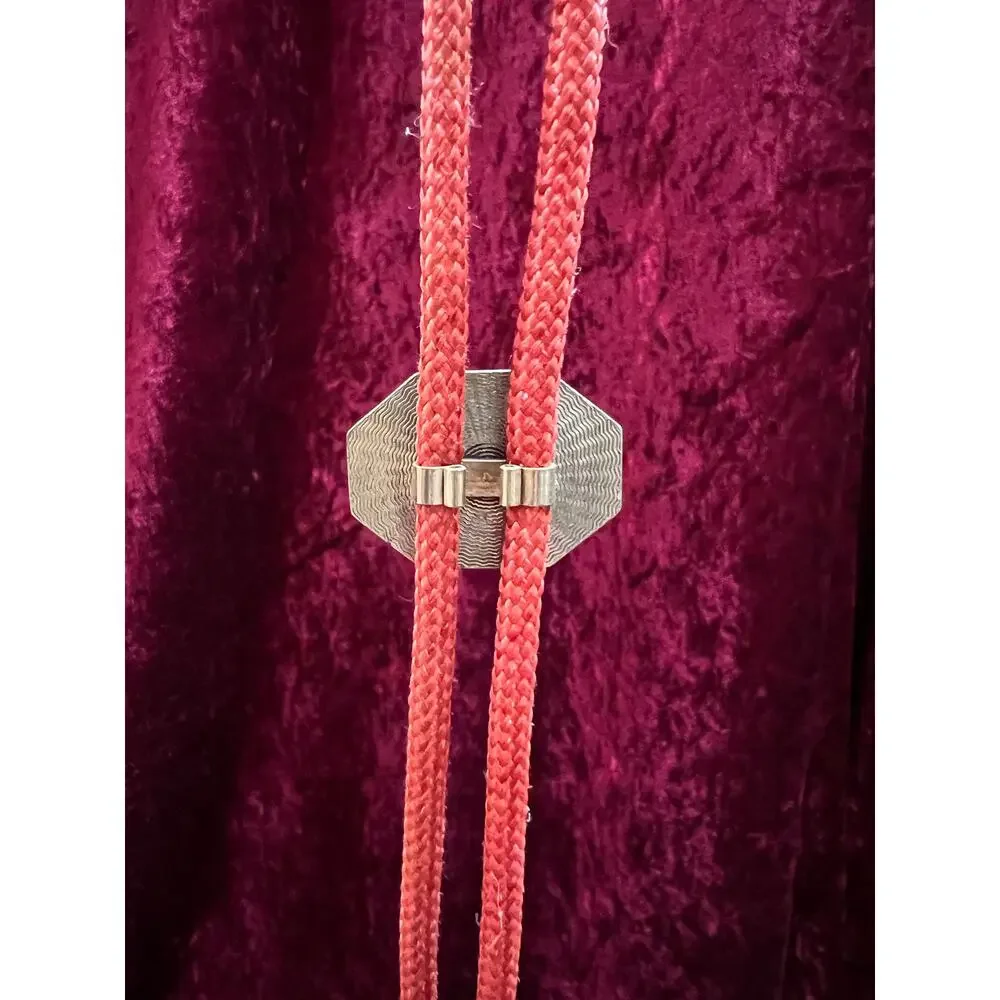 Vintage Metal Bolo Tie - Tandem Bicycle Couple Black Enamel Slide Red Cord